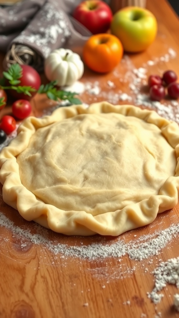 Homemade Pie Crust Recipe A golden-brown homemade pie crust on a wooden countertop with fresh fruit ingredients around it.